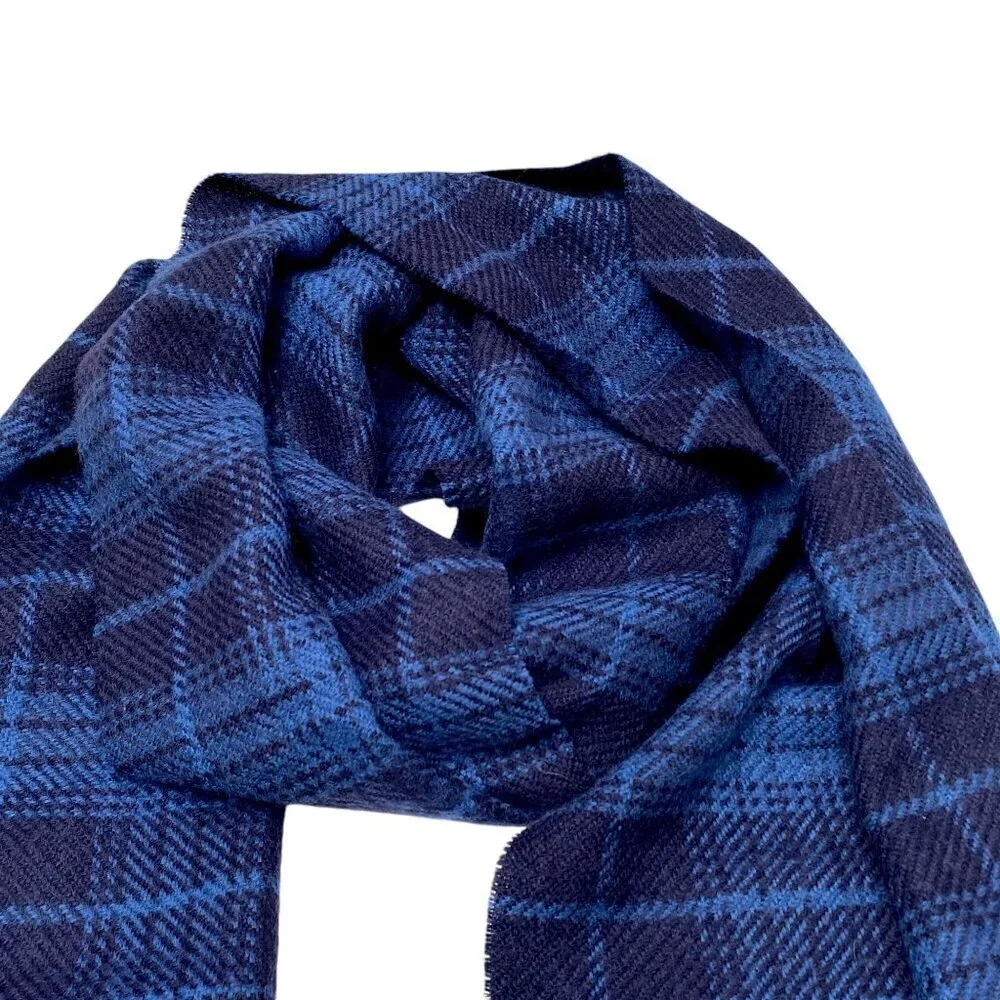 GAP Blue Plaid Scarf Acrylic Wool Blend Fringe Oblong Muffler 11.5x70